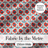 Folk Art Floral Pattern Red Flowers Scandinavian Style Seamless Design Digital Print Fabric by the Metre UK Sewing Quilting Textile
