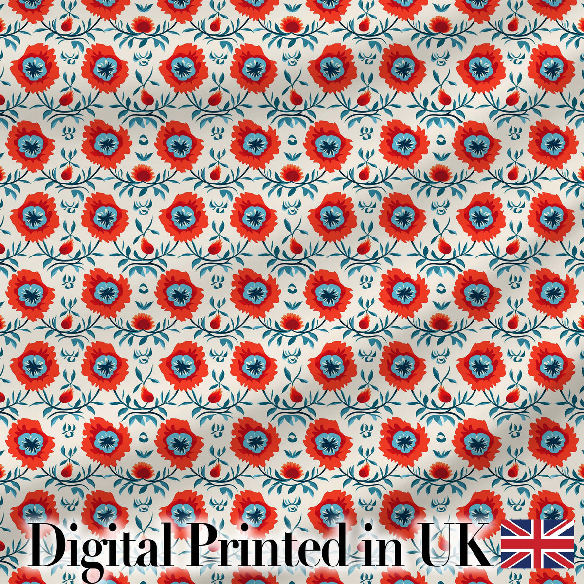 Folk Art Floral Pattern Red Flowers Scandinavian Style Seamless Design Digital Print Fabric by the Metre UK Sewing Quilting Textile