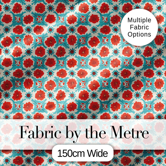 Floral Tile Pattern Red and Blue Geometric Botanical Seamless Design Digital Print Fabric by the Metre UK Sewing Quilting Textile