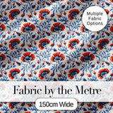Red and Blue Poppy Floral Pattern Elegant Botanical Seamless Design Digital Print Fabric by the Metre UK Sewing Quilting Textile