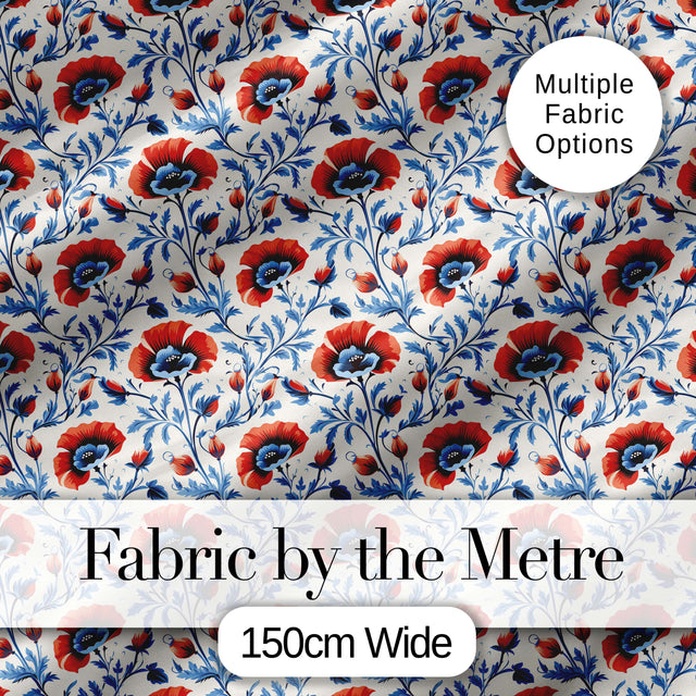 Red and Blue Poppy Floral Pattern Elegant Botanical Seamless Design Digital Print Fabric by the Metre UK Sewing Quilting Textile