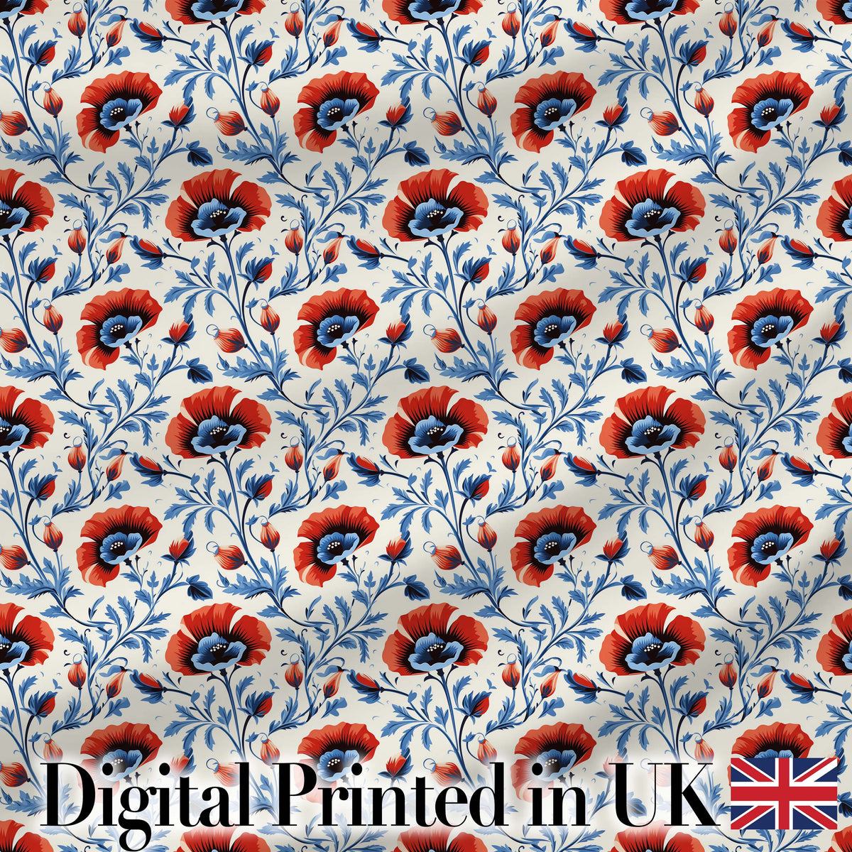 Red and Blue Poppy Floral Pattern Elegant Botanical Seamless Design Digital Print Fabric by the Metre UK Sewing Quilting Textile