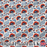 Red and Blue Poppy Floral Pattern Elegant Botanical Seamless Design Digital Print Fabric by the Metre UK Sewing Quilting Textile
