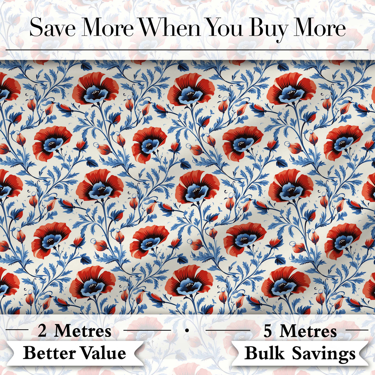 Red and Blue Poppy Floral Pattern Elegant Botanical Seamless Design Digital Print Fabric by the Metre UK Sewing Quilting Textile
