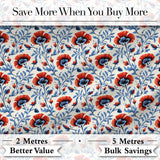 Red and Blue Poppy Floral Pattern Elegant Botanical Seamless Design Digital Print Fabric by the Metre UK Sewing Quilting Textile