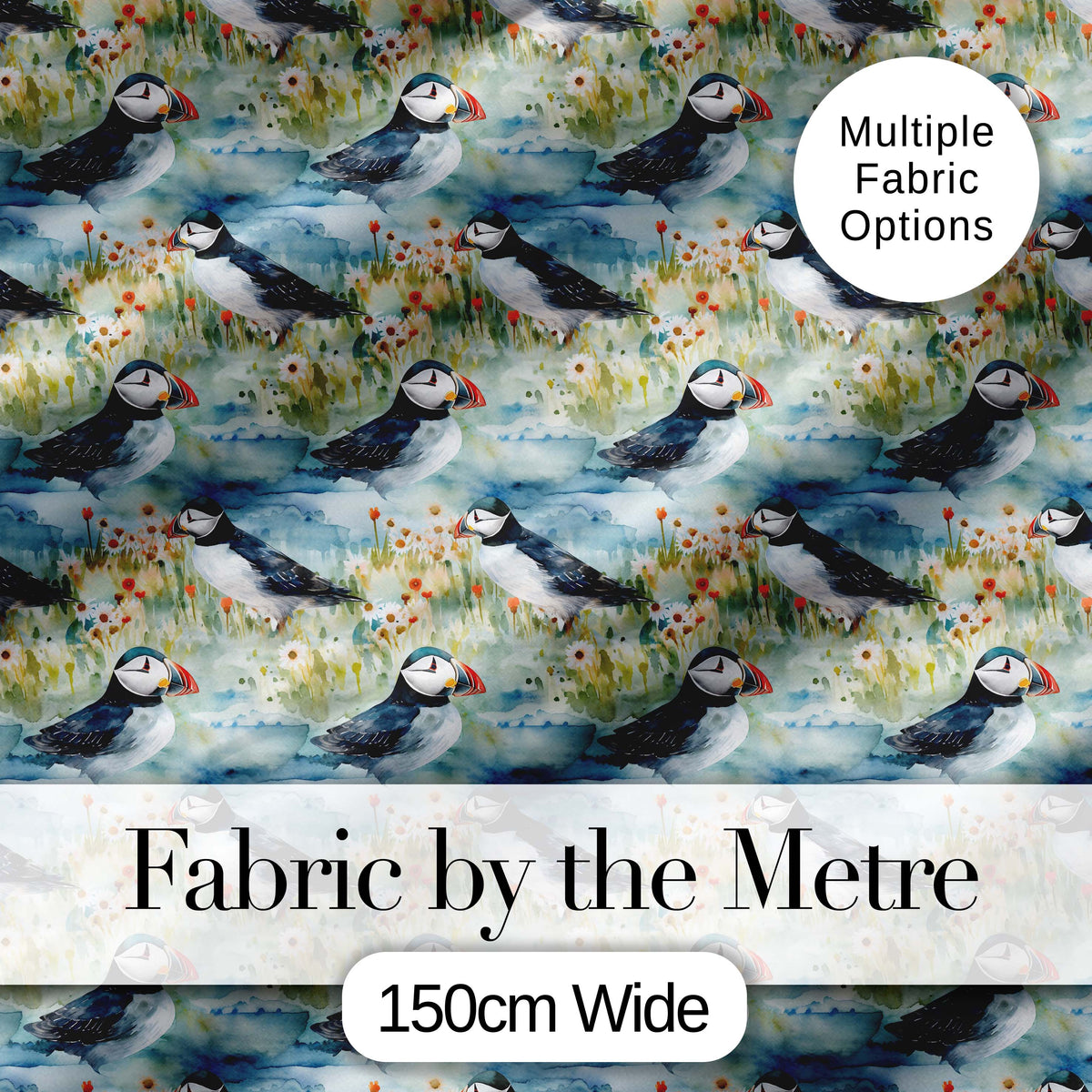 Vintage Puffin Bird and Floral Pattern Botanical Coastal Seamless Design Digital Print Fabric by the Metre UK Sewing Quilting Textile