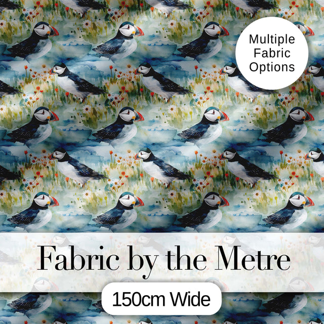 Vintage Puffin Bird and Floral Pattern Botanical Coastal Seamless Design Digital Print Fabric by the Metre UK Sewing Quilting Textile