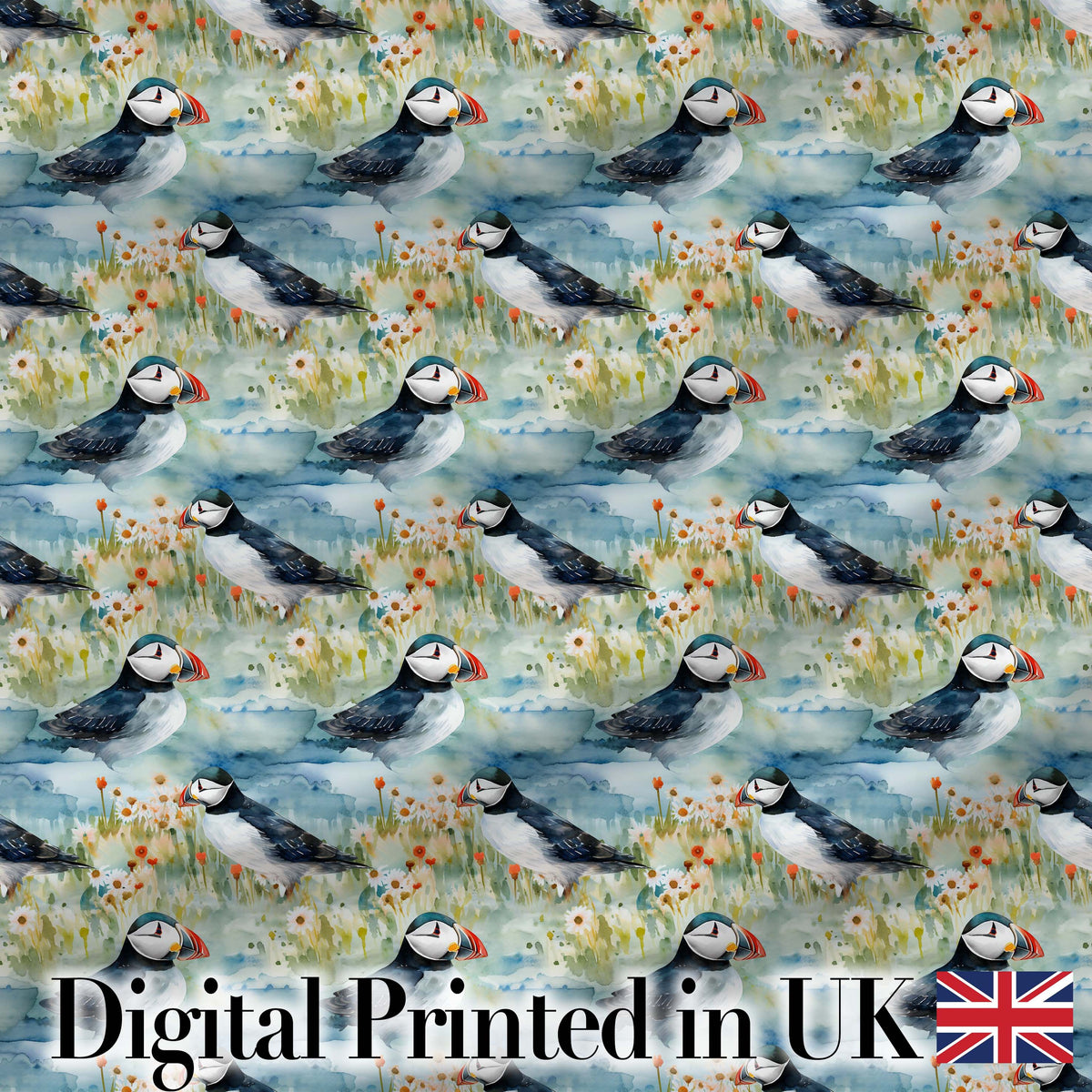 Vintage Puffin Bird and Floral Pattern Botanical Coastal Seamless Design Digital Print Fabric by the Metre UK Sewing Quilting Textile