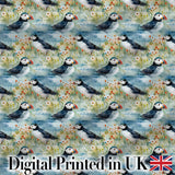 Vintage Puffin Bird and Floral Pattern Botanical Coastal Seamless Design Digital Print Fabric by the Metre UK Sewing Quilting Textile