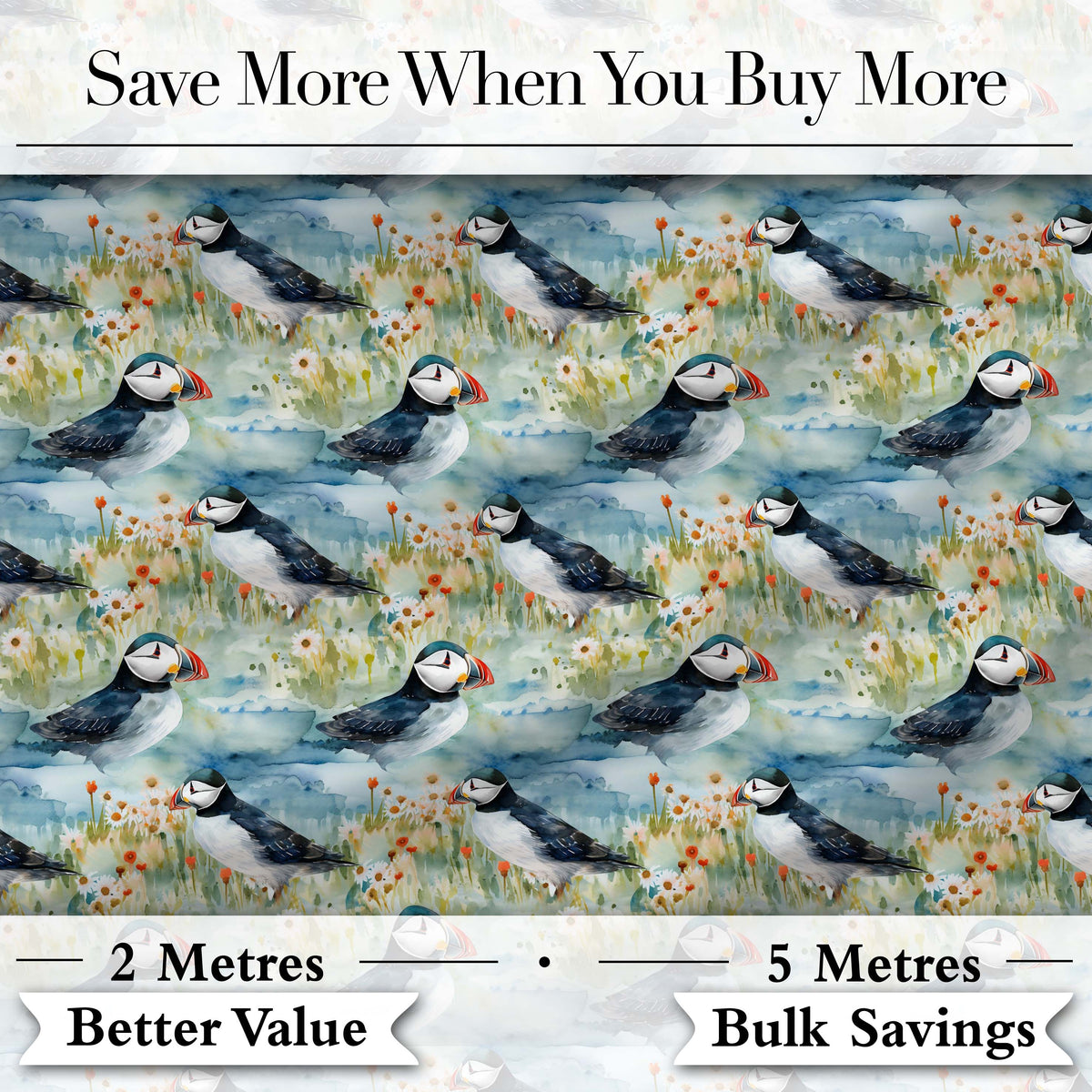 Vintage Puffin Bird and Floral Pattern Botanical Coastal Seamless Design Digital Print Fabric by the Metre UK Sewing Quilting Textile