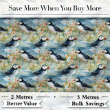 Vintage Puffin Bird and Floral Pattern Botanical Coastal Seamless Design Digital Print Fabric by the Metre UK Sewing Quilting Textile