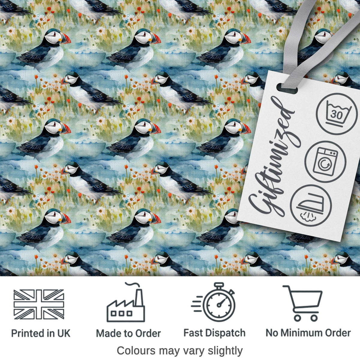 Vintage Puffin Bird and Floral Pattern Botanical Coastal Seamless Design Digital Print Fabric by the Metre UK Sewing Quilting Textile