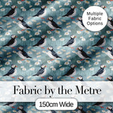 Puffin and Daisy Field Pattern Soft Blue Nature Seamless Design Digital Print Fabric by the Metre UK Sewing Quilting Textile