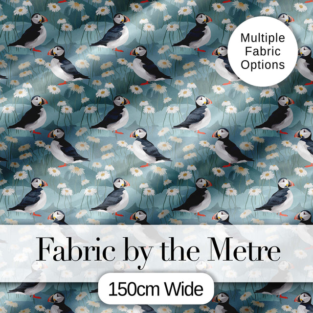 Puffin and Daisy Field Pattern Soft Blue Nature Seamless Design Digital Print Fabric by the Metre UK Sewing Quilting Textile