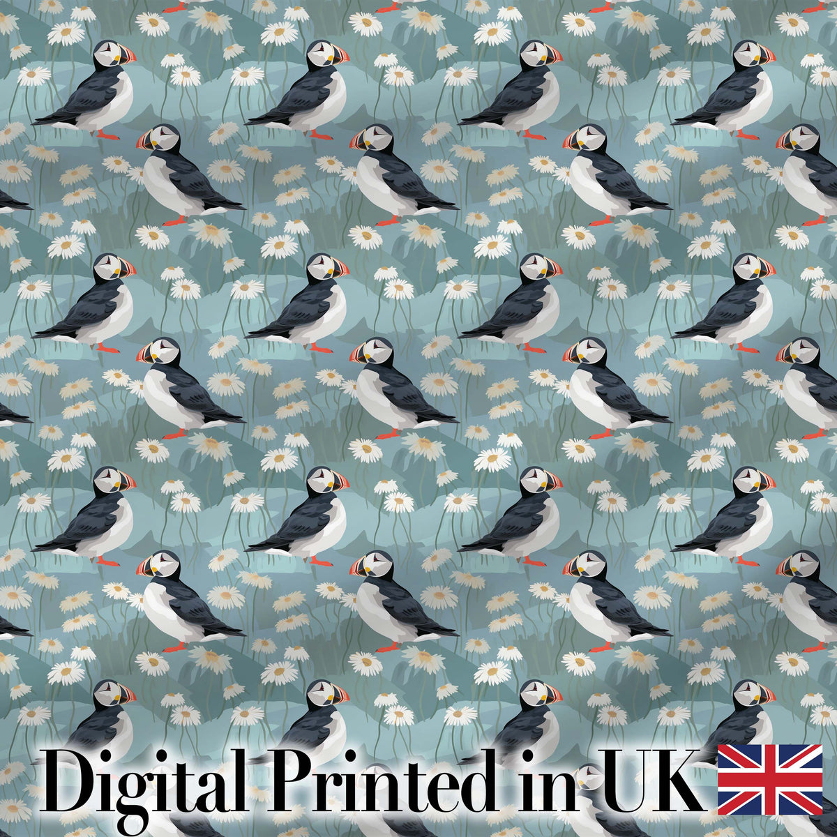 Puffin and Daisy Field Pattern Soft Blue Nature Seamless Design Digital Print Fabric by the Metre UK Sewing Quilting Textile