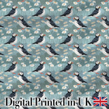 Puffin and Daisy Field Pattern Soft Blue Nature Seamless Design Digital Print Fabric by the Metre UK Sewing Quilting Textile