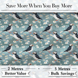 Puffin and Daisy Field Pattern Soft Blue Nature Seamless Design Digital Print Fabric by the Metre UK Sewing Quilting Textile