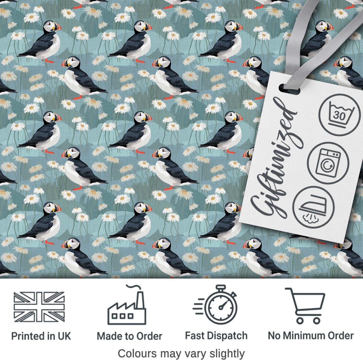 Puffin and Daisy Field Pattern Soft Blue Nature Seamless Design Digital Print Fabric by the Metre UK Sewing Quilting Textile