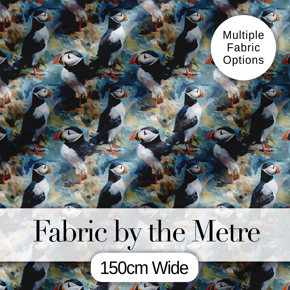 Painterly Puffin Coastal Pattern Artistic Wildlife Seamless Design Digital Print Fabric by the Metre UK Sewing Quilting Textile