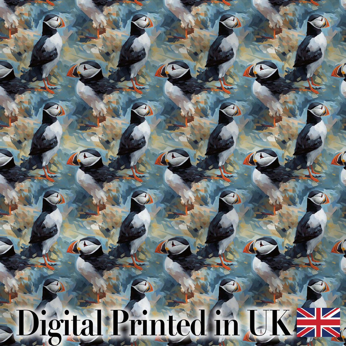 Painterly Puffin Coastal Pattern Artistic Wildlife Seamless Design Digital Print Fabric by the Metre UK Sewing Quilting Textile