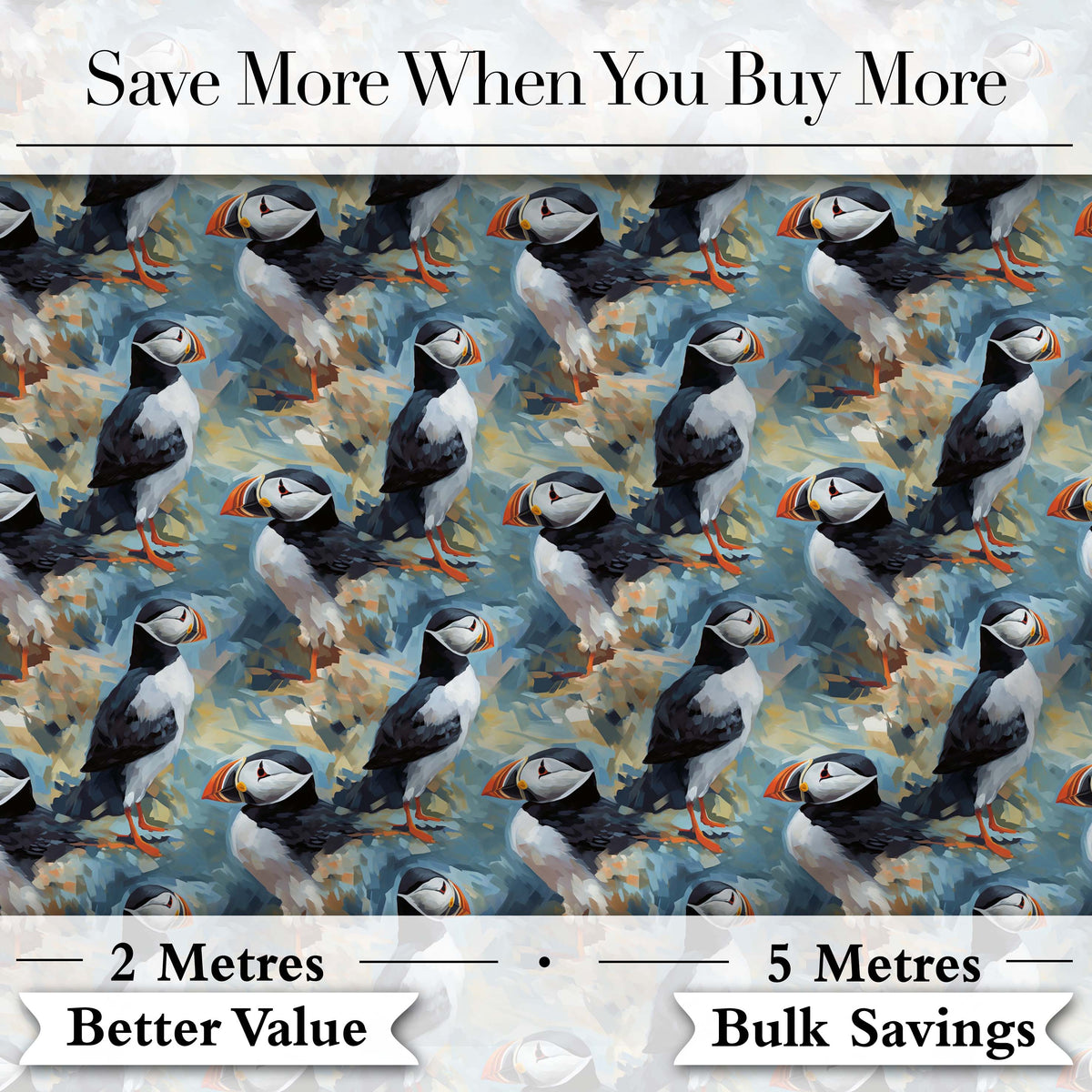 Painterly Puffin Coastal Pattern Artistic Wildlife Seamless Design Digital Print Fabric by the Metre UK Sewing Quilting Textile