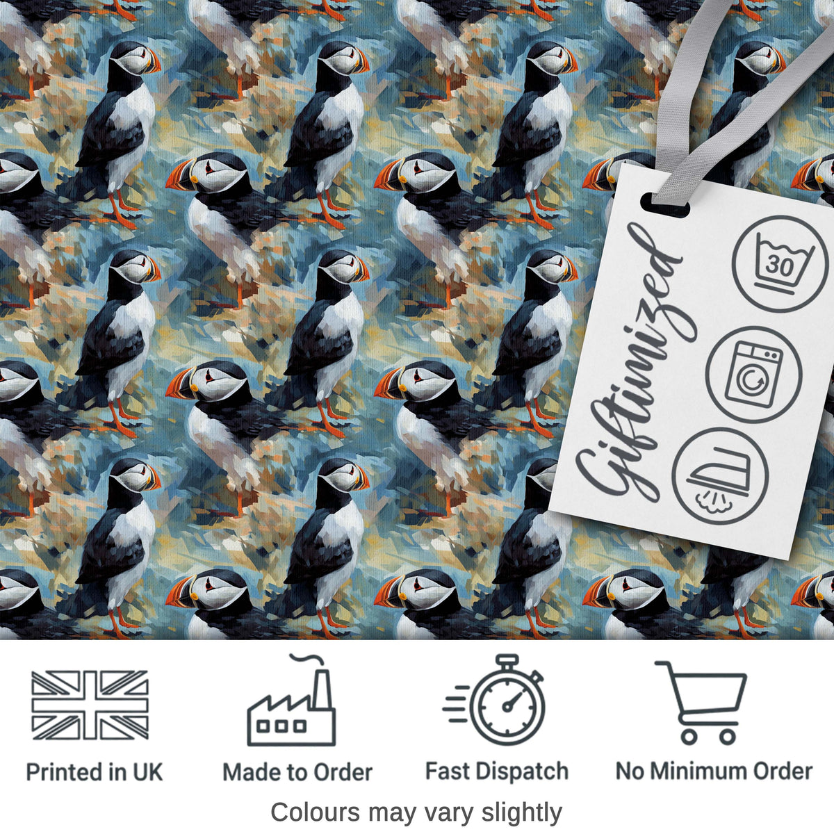 Painterly Puffin Coastal Pattern Artistic Wildlife Seamless Design Digital Print Fabric by the Metre UK Sewing Quilting Textile