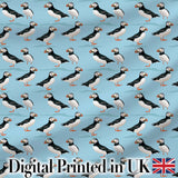 Minimal Puffin Bird Pattern Clean Blue Background Seamless Design Digital Print Fabric by the Metre UK Sewing Quilting Textile