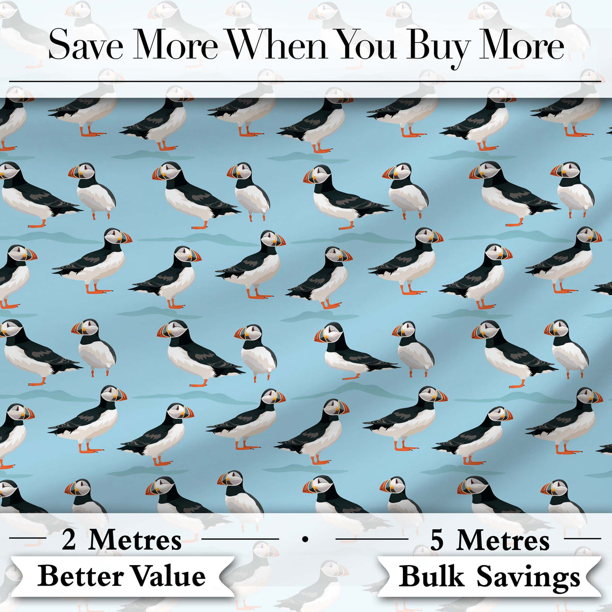 Minimal Puffin Bird Pattern Clean Blue Background Seamless Design Digital Print Fabric by the Metre UK Sewing Quilting Textile