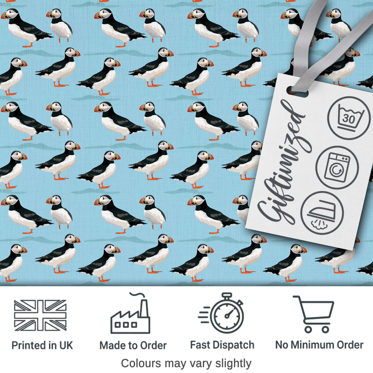 Minimal Puffin Bird Pattern Clean Blue Background Seamless Design Digital Print Fabric by the Metre UK Sewing Quilting Textile