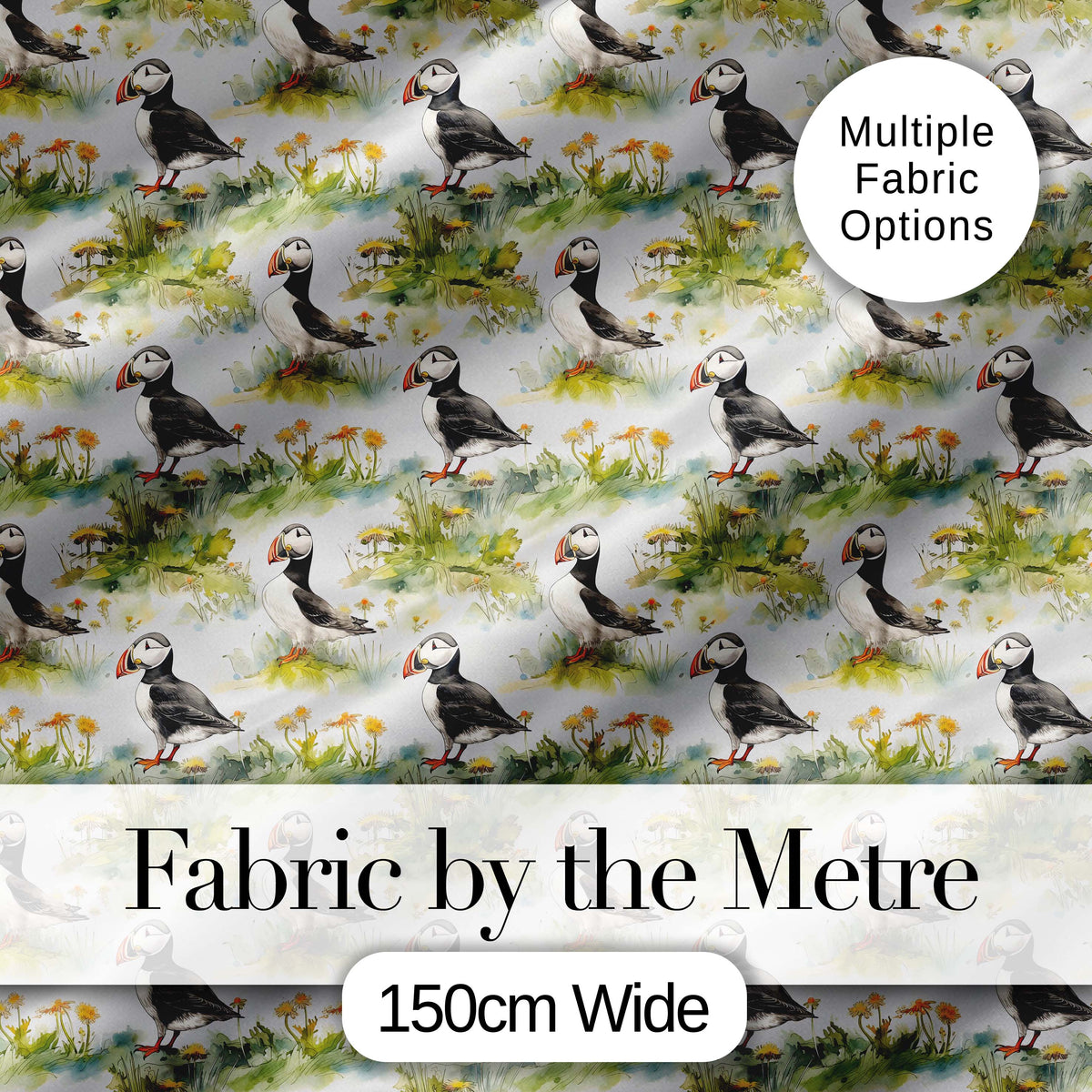 Watercolor Puffin Birds in Floral Meadow Garden Seamless Pattern Digital Print Fabric by the Metre UK Sewing Quilting Textile