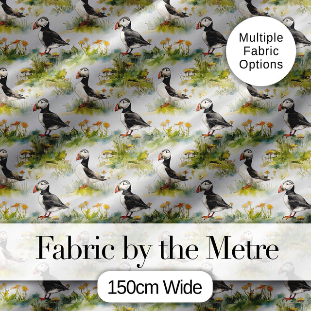 Watercolor Puffin Birds in Floral Meadow Garden Seamless Pattern Digital Print Fabric by the Metre UK Sewing Quilting Textile