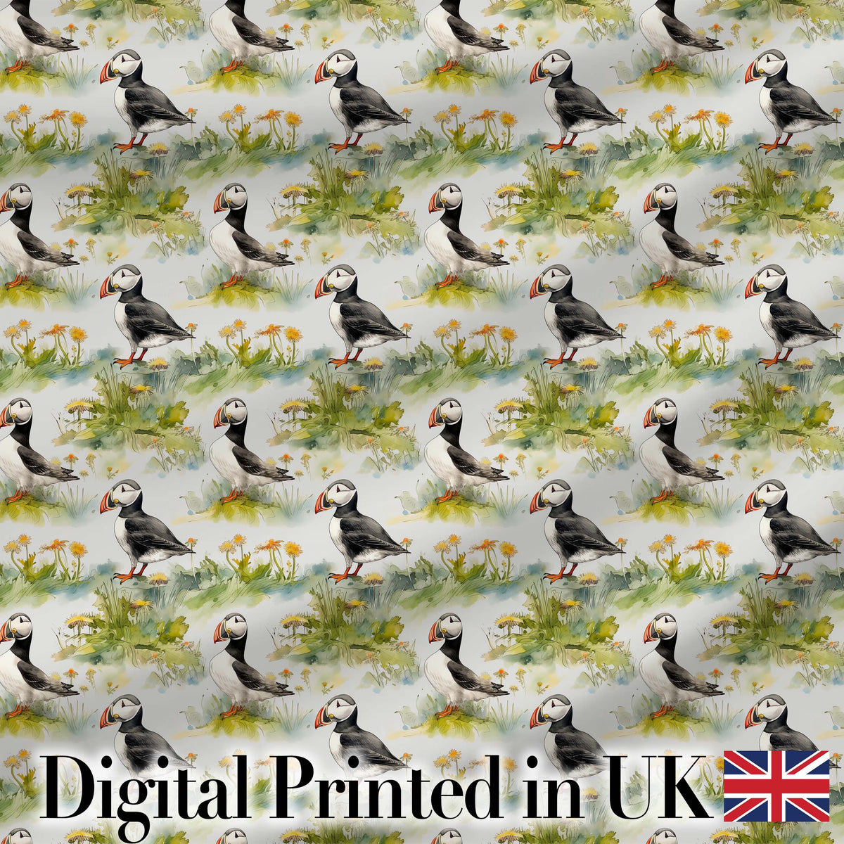 Watercolor Puffin Birds in Floral Meadow Garden Seamless Pattern Digital Print Fabric by the Metre UK Sewing Quilting Textile