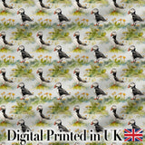 Watercolor Puffin Birds in Floral Meadow Garden Seamless Pattern Digital Print Fabric by the Metre UK Sewing Quilting Textile