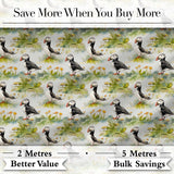 Watercolor Puffin Birds in Floral Meadow Garden Seamless Pattern Digital Print Fabric by the Metre UK Sewing Quilting Textile