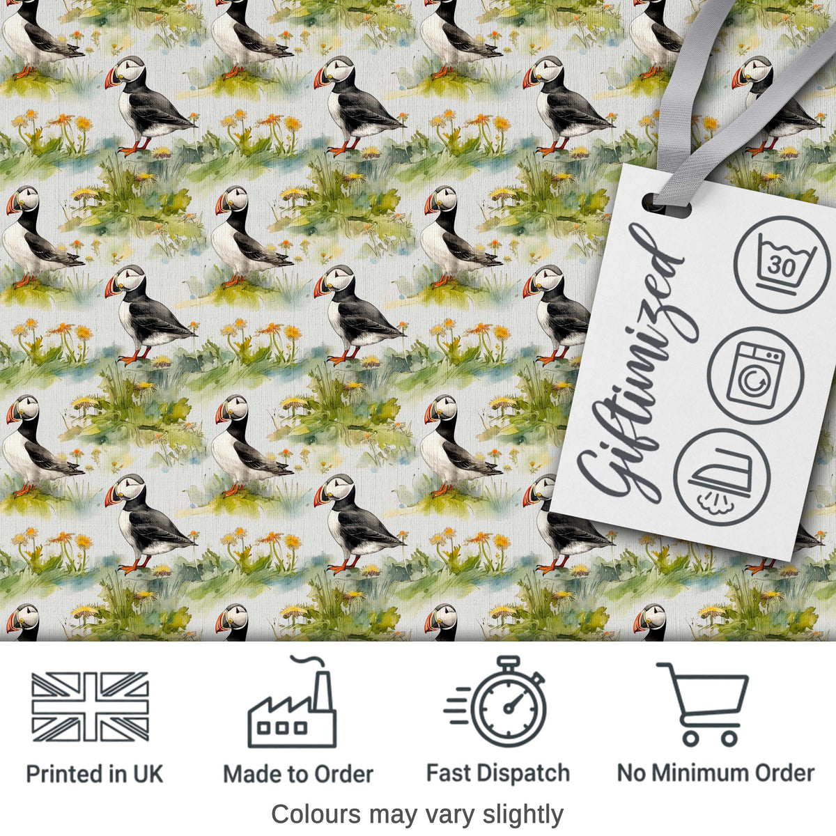 Watercolor Puffin Birds in Floral Meadow Garden Seamless Pattern Digital Print Fabric by the Metre UK Sewing Quilting Textile