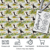 Watercolor Puffin Birds in Floral Meadow Garden Seamless Pattern Digital Print Fabric by the Metre UK Sewing Quilting Textile