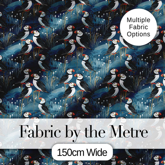 Decorative Puffin Birds with Abstract Ocean Plants Seamless Pattern Digital Print Fabric by the Metre UK Sewing Quilting Textile