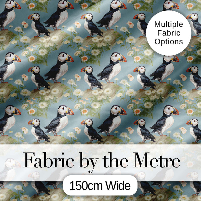 Puffin Birds Perched on Cliff with Floral Details Seamless Pattern Digital Print Fabric by the Metre UK Sewing Quilting Textile