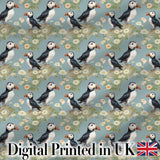 Puffin Birds Perched on Cliff with Floral Details Seamless Pattern Digital Print Fabric by the Metre UK Sewing Quilting Textile