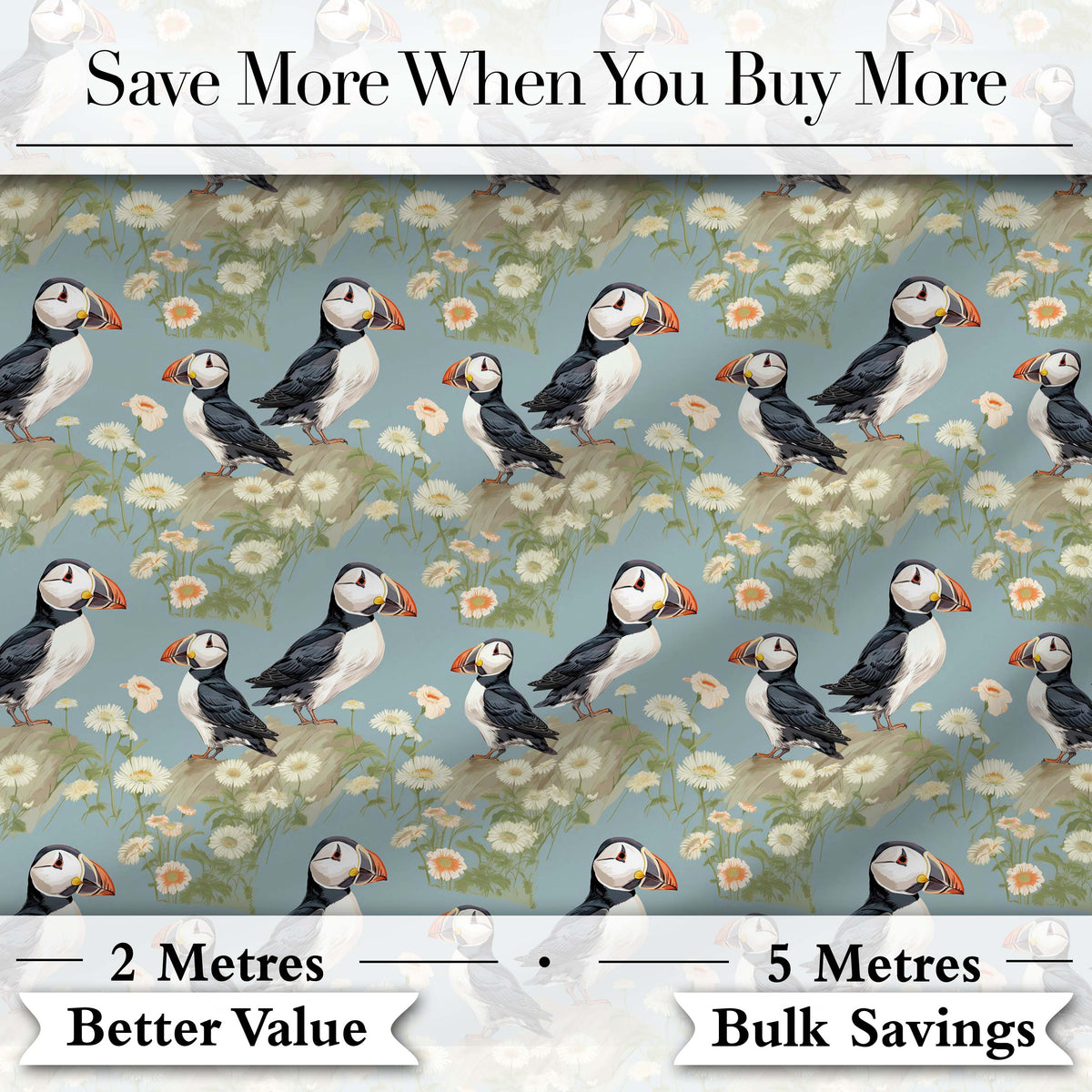 Puffin Birds Perched on Cliff with Floral Details Seamless Pattern Digital Print Fabric by the Metre UK Sewing Quilting Textile