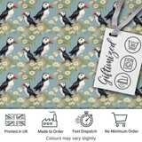 Puffin Birds Perched on Cliff with Floral Details Seamless Pattern Digital Print Fabric by the Metre UK Sewing Quilting Textile