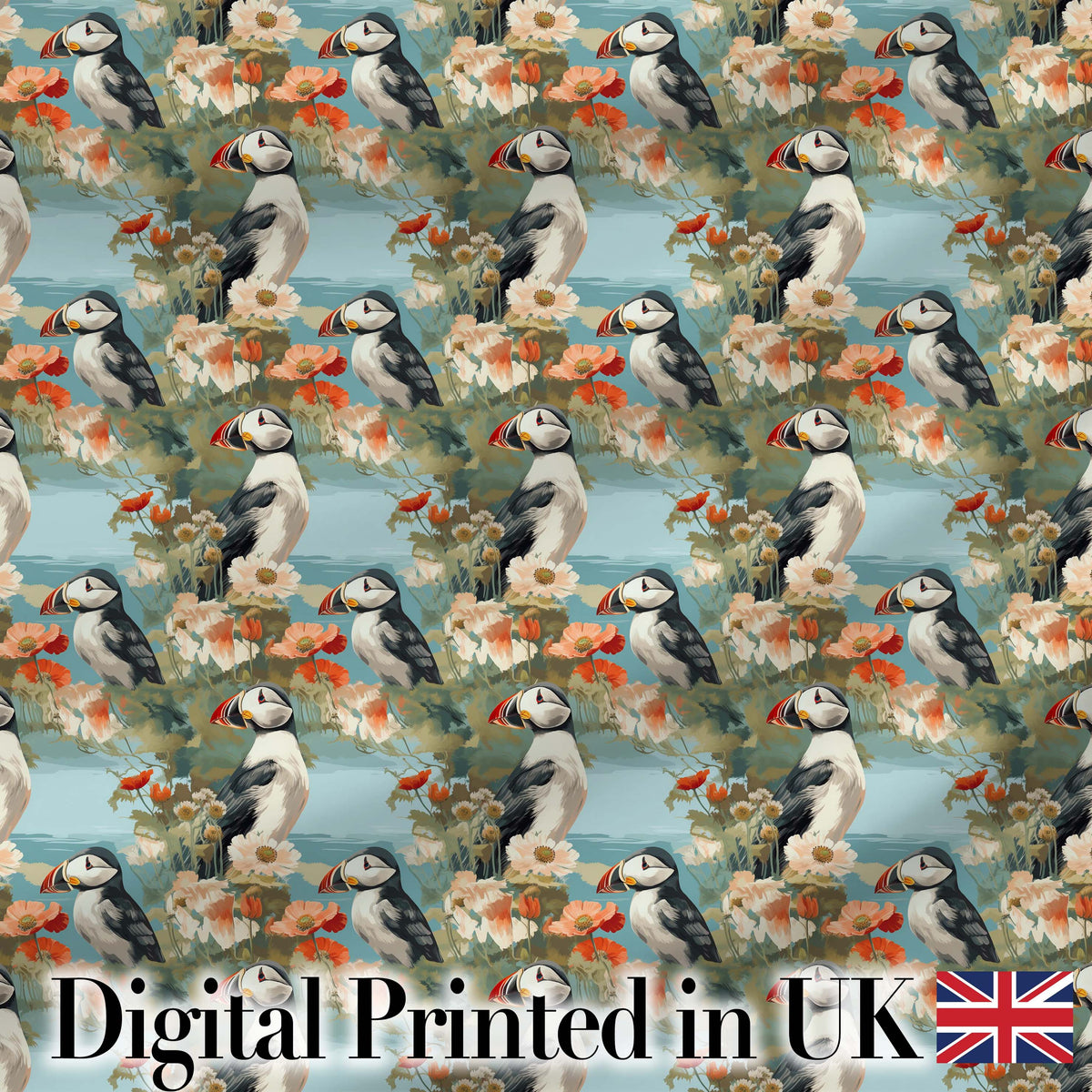 Vintage Style Puffin Birds with Floral Garden Seamless Pattern Digital Print Fabric by the Metre UK Sewing Quilting Textile