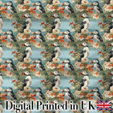 Vintage Style Puffin Birds with Floral Garden Seamless Pattern Digital Print Fabric by the Metre UK Sewing Quilting Textile