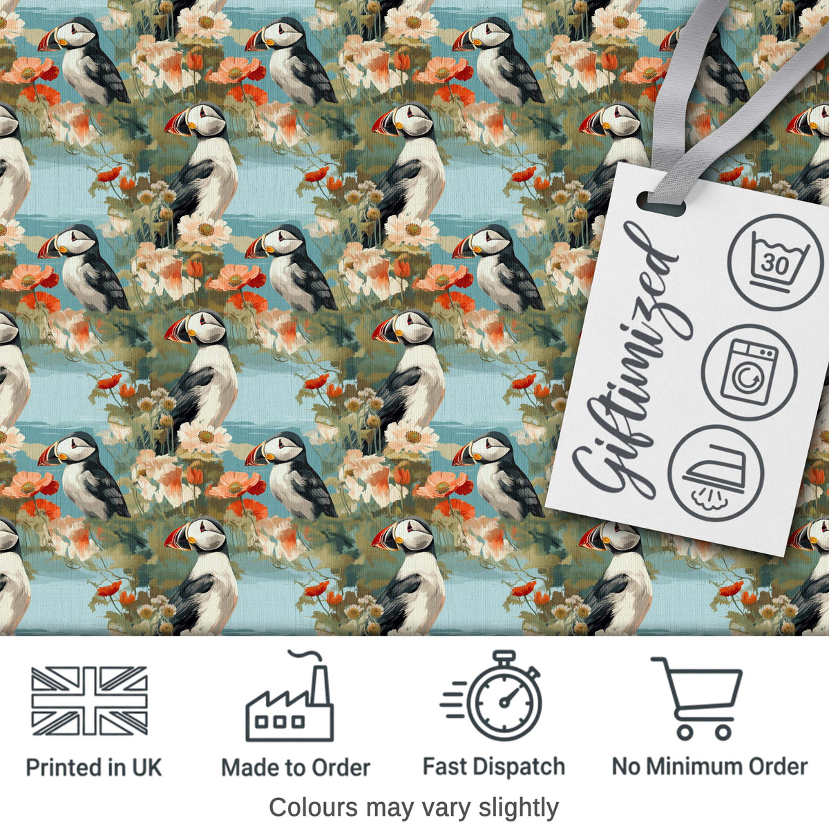 Vintage Style Puffin Birds with Floral Garden Seamless Pattern Digital Print Fabric by the Metre UK Sewing Quilting Textile
