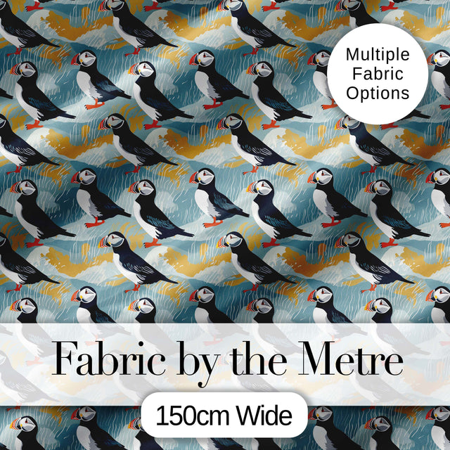 Minimal Puffin Birds with Abstract Waves Seamless Pattern Digital Print Fabric by the Metre UK Sewing Quilting Textile