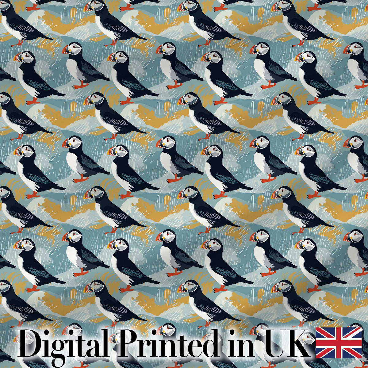 Minimal Puffin Birds with Abstract Waves Seamless Pattern Digital Print Fabric by the Metre UK Sewing Quilting Textile
