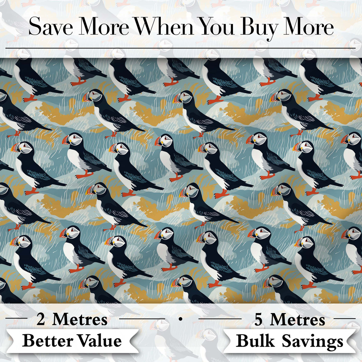 Minimal Puffin Birds with Abstract Waves Seamless Pattern Digital Print Fabric by the Metre UK Sewing Quilting Textile