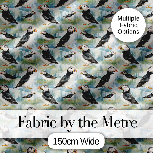 Cute Puffin Birds Watercolor Seamless Pattern Coastal Nature Wildlife Design Digital Print Fabric by the Metre UK Sewing Quilting Textile