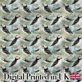 Cute Puffin Birds Watercolor Seamless Pattern Coastal Nature Wildlife Design Digital Print Fabric by the Metre UK Sewing Quilting Textile