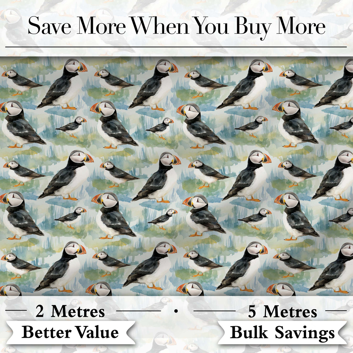 Cute Puffin Birds Watercolor Seamless Pattern Coastal Nature Wildlife Design Digital Print Fabric by the Metre UK Sewing Quilting Textile